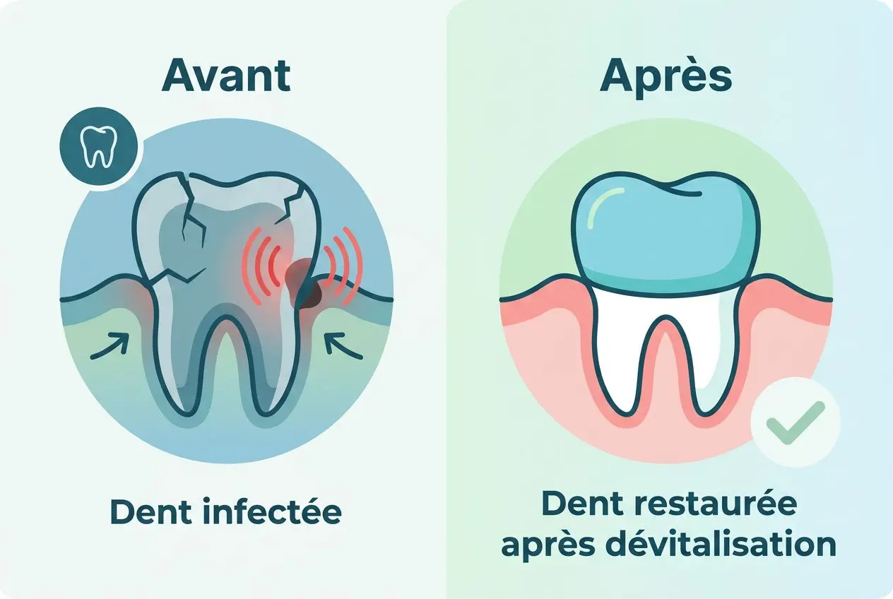 Avant et Après : dent infectée avant la dévitalisation et dent restaurée après dévitalisation, avec symbole de soin.
