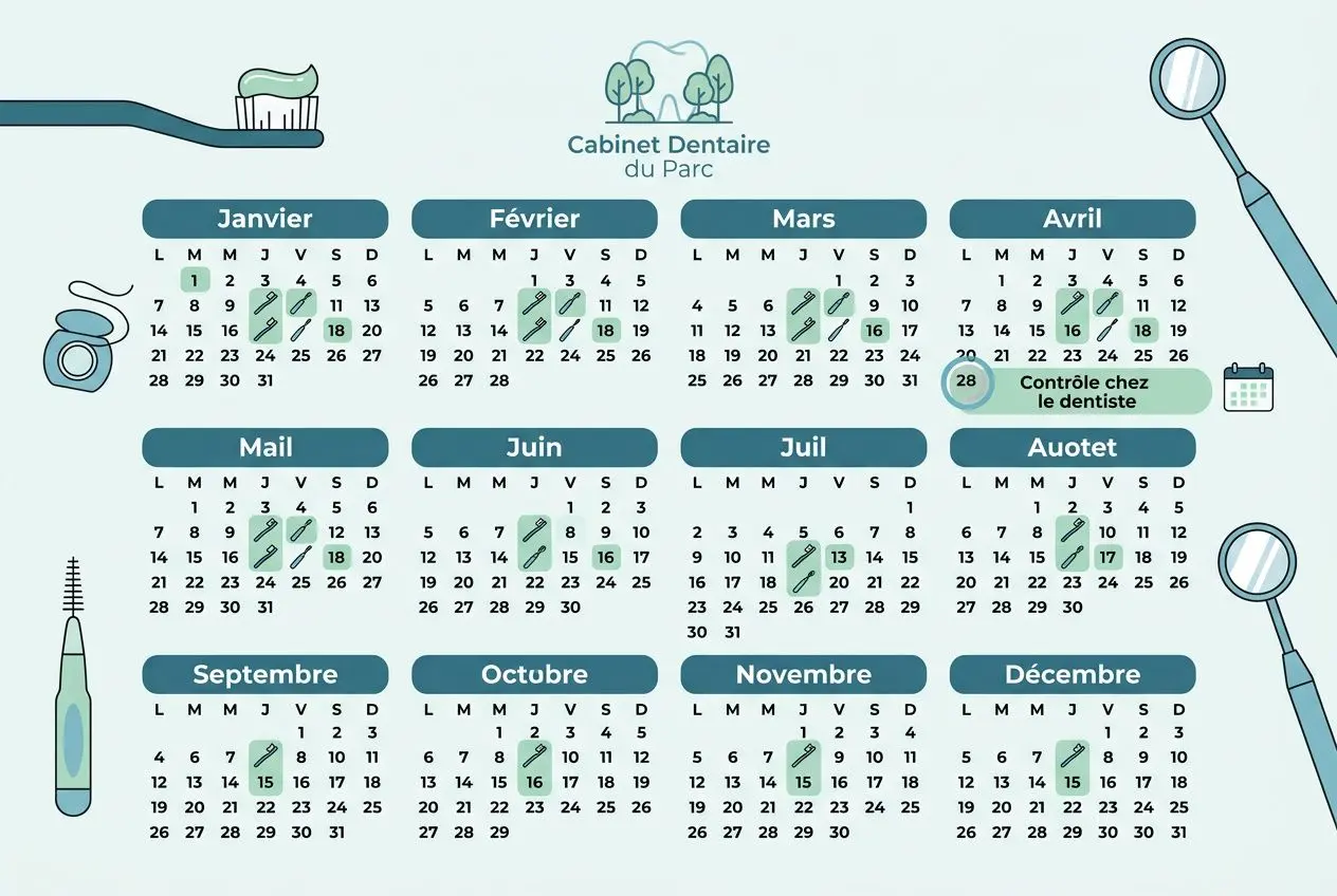 Dessin de calendrier annuel du Cabinet Dentaire du Parc avec outils: brosse à dents, fil dentaire et miroir dentaire; pointage sur une date, évoquant le détartrage dentaire.