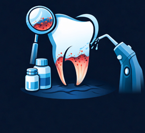 Dent gencive saignement sous contrôle avec outils dentistaires et lampes, illustration lié au traitement des gencives qui saignent traitement.