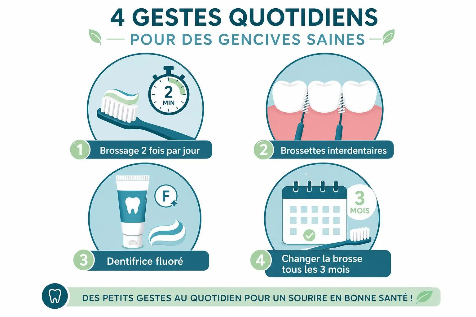 Quatre gestes quotidiens pour gencives saines : brossage 2 fois/j, brossettes interdentaires, dentifrice fluoré et changer la brosse tous les 3 mois. gencives qui saignent traitement intégré.
